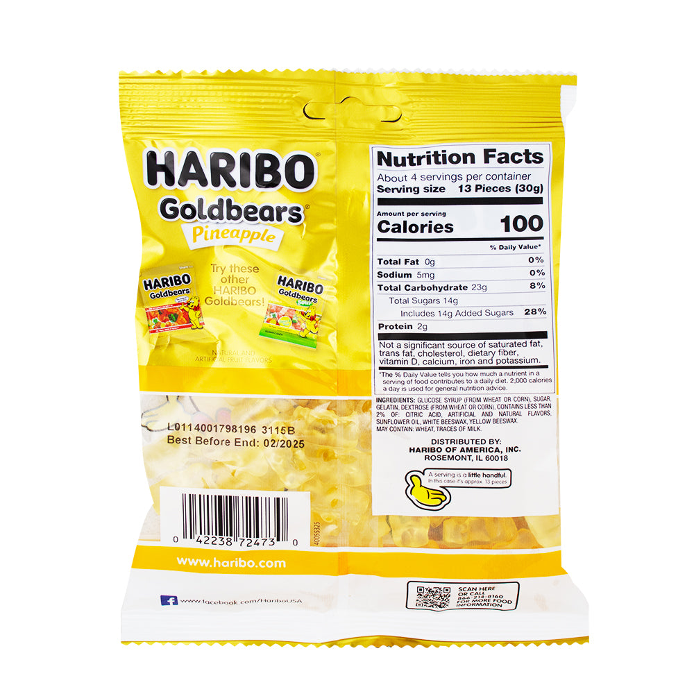 Haribo Gold Bears Pineapple 4oz - 12 Pack  Nutrition Facts Ingredients