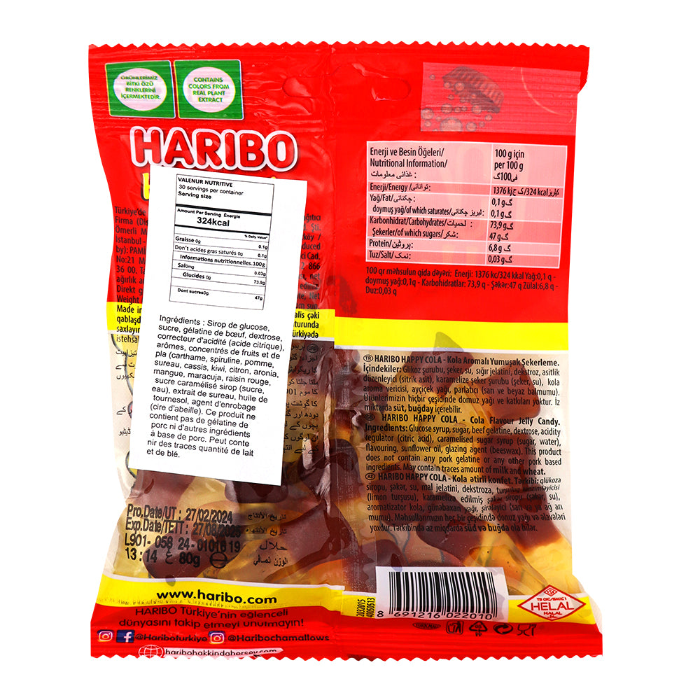 Haribo Halal Happy Cola 80g - 30 Pack   Nutrition Facts Ingredients
