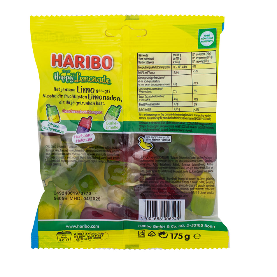 Haribo Happy Lemonade Gummies (Germany) 175g - 20 Pack Nutrition Facts Ingredients