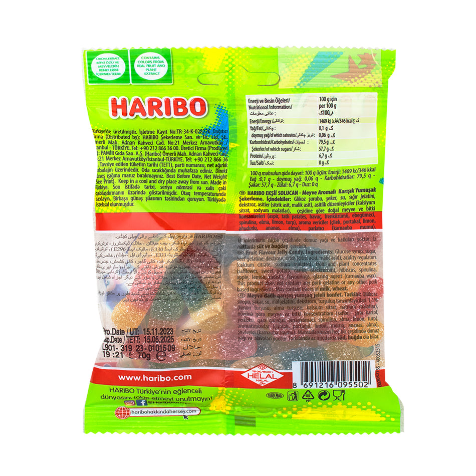 Haribo Halal Solucan Fizz Sour Worms 70g - 24 Pack  Nutrition Facts Ingredients