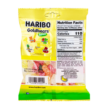 Haribo Gold Bears Sour Gummi Candy - 12 Pack  Nutrition Facts Ingredients