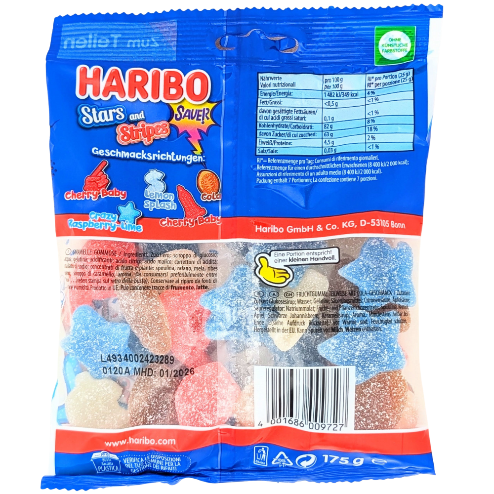 Haribo Stars and Stripes Sour 175g (Germany) - 12 Pack