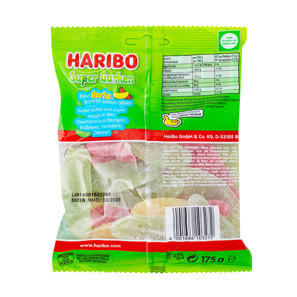 Haribo Super Gurken (Pickles) Candy 175g - 12 Pack  Nutrition Facts Ingredients