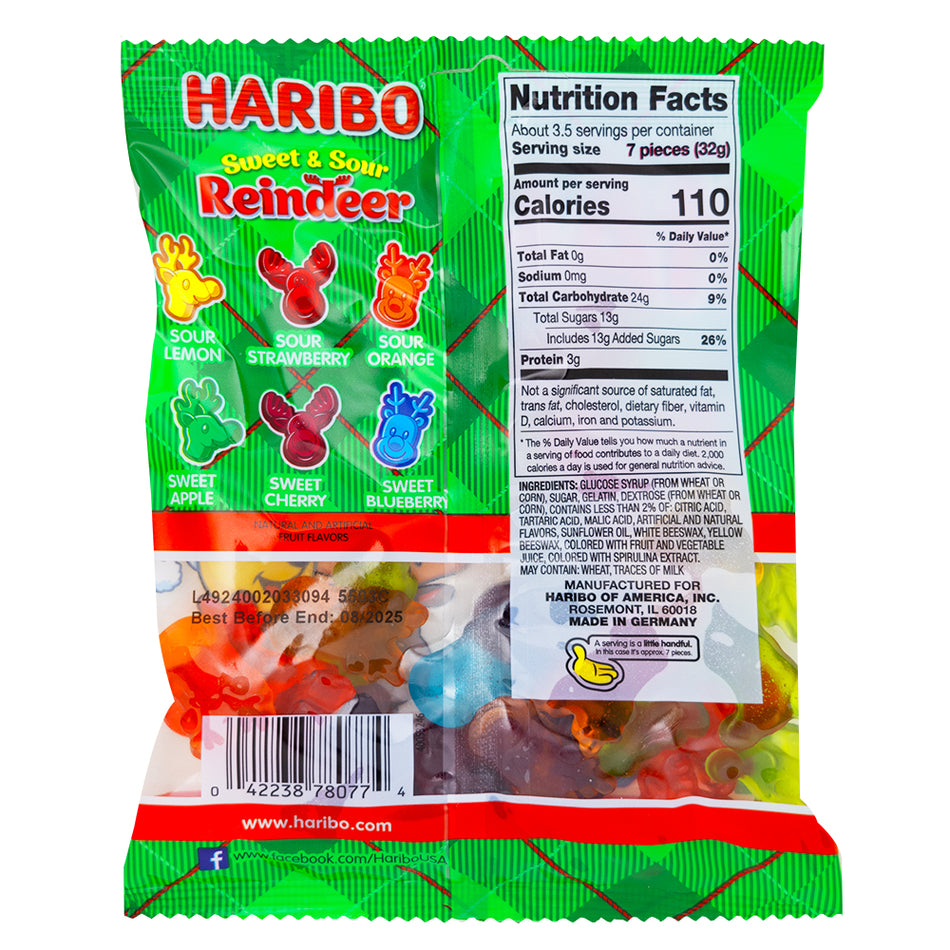 Haribo Sweet & Sour Reindeer 4oz - 12 Pack  Nutrition Facts Ingredients
