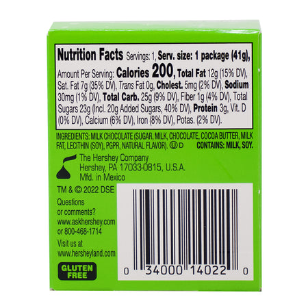 Hershey's Large Solid Milk Chocolate Kisses Grinch - 1.45oz - 24 Pack Nutrition Facts Ingredients 