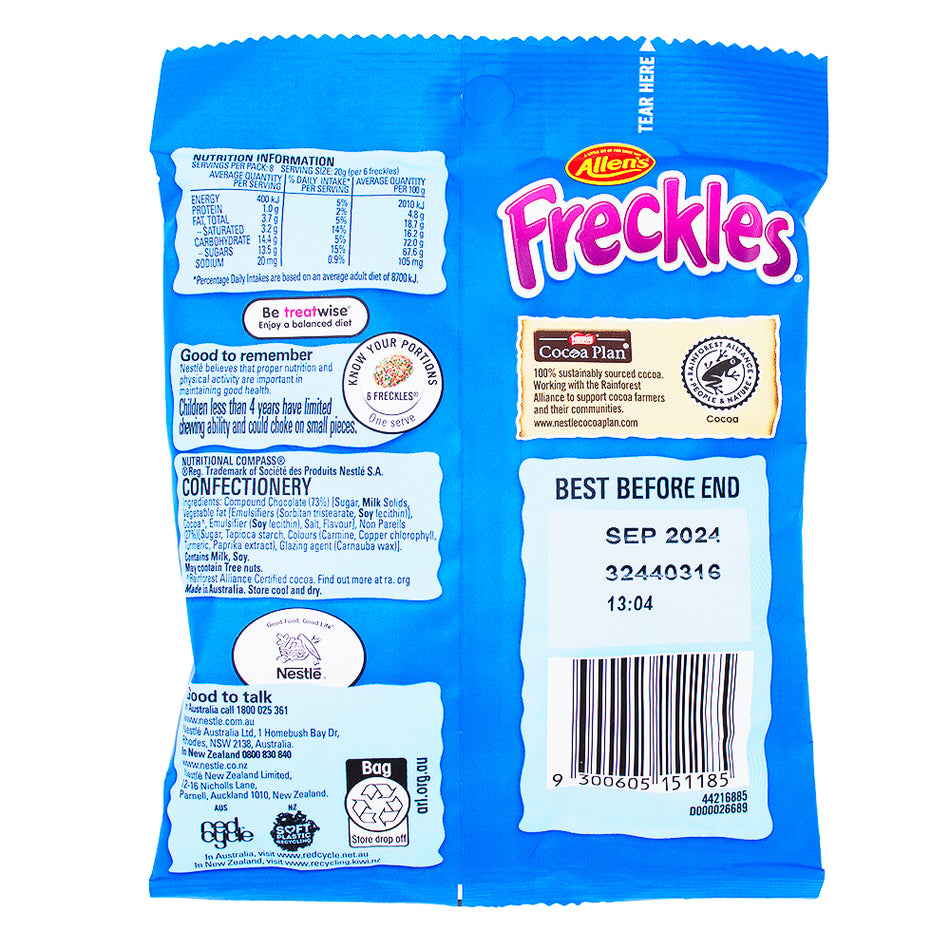 Allen's Freckles (Aus) 160g - 12 Pack Nutrition Facts Ingredients - Australian Candy - Candy Store - Freckles - Freckles Candy - Australia Candy