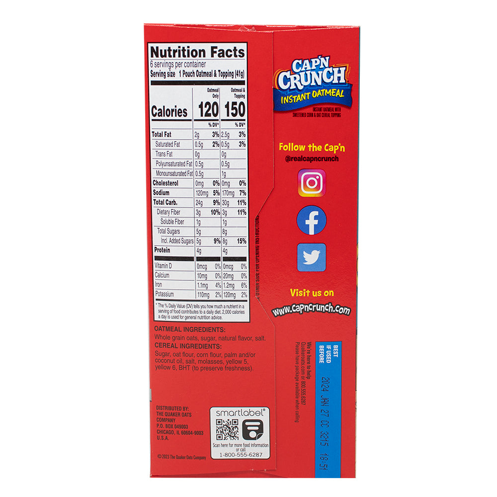 Captain Crunch Instant Oatmeal Original 6 Pouches 34g - 6 Pack Nutrition Facts Ingredients