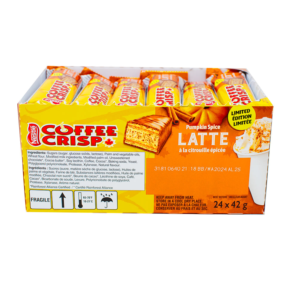Coffee Crisp Pumpkin Spice Latte 42g - 24 Pack Nutrition Facts Ingredients - Canadian Chocolate Bar - Coffee Crisp - Canadian Chocolate