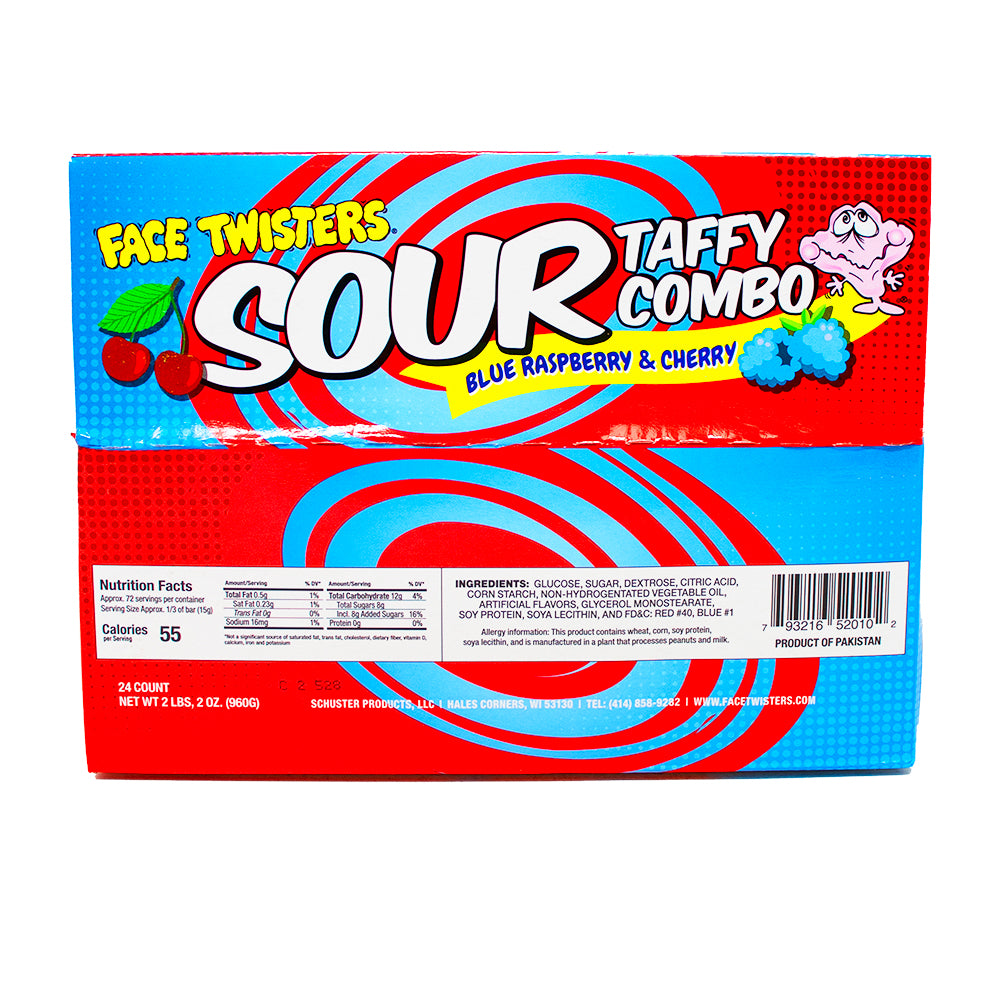 Face Twisters Sour Taffy Blue Raspberry & Cherry 1.4oz - 24 Pack Nutrition Facts Ingredients