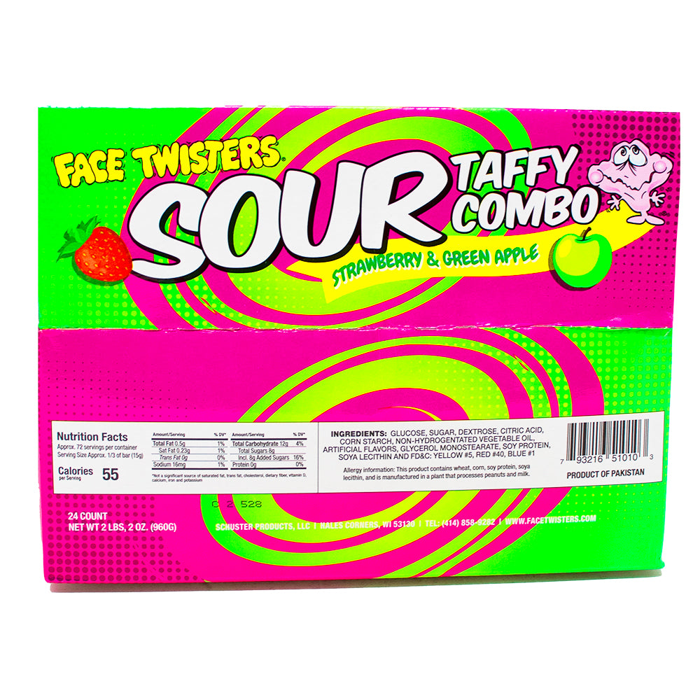Face Twisters Sour Taffy Strawberry & Green Apple 1.4oz - 24 Pack Nutrition Facts Ingredients