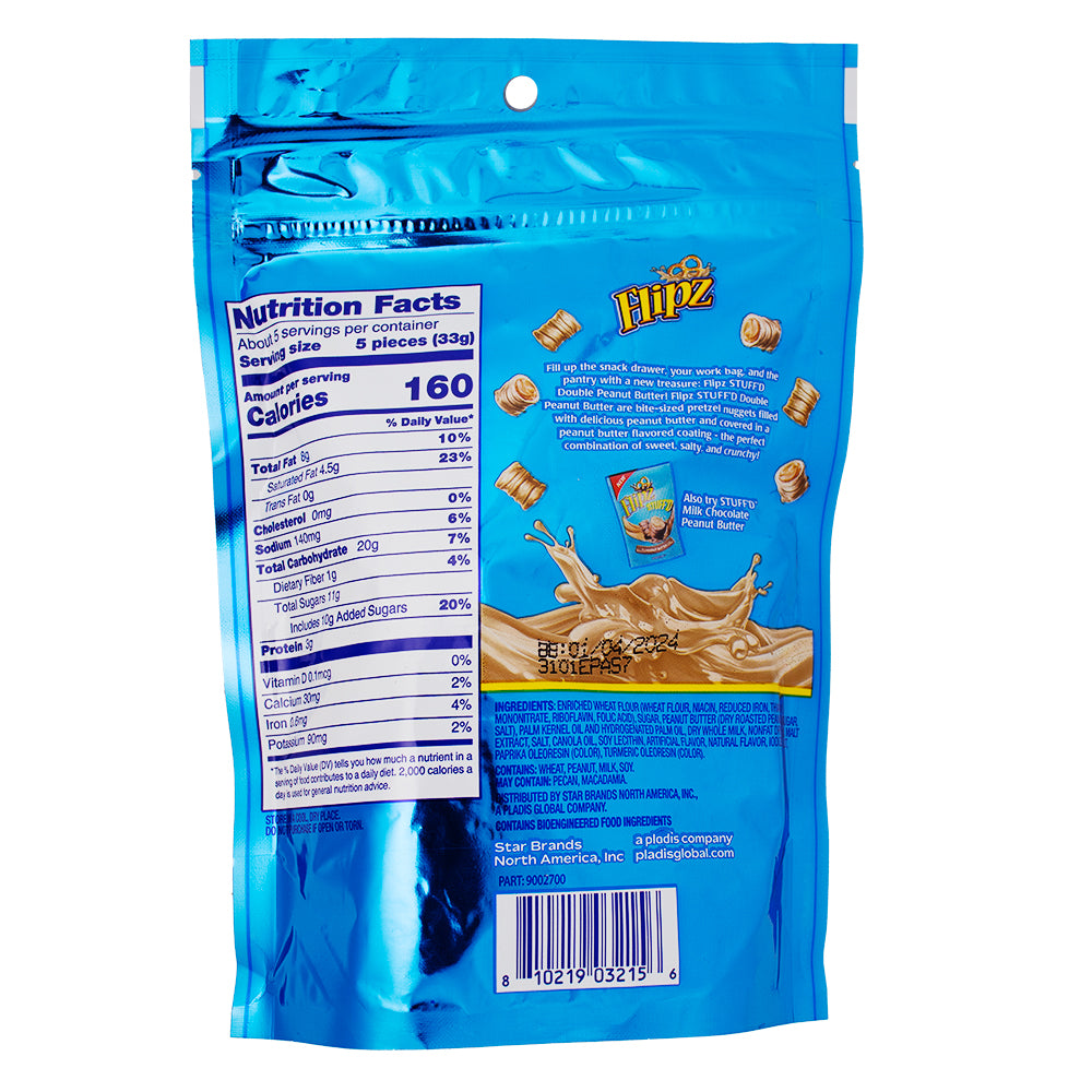 Flipz Stuff'd Pretzels Double Peanut Butter 162g - 8 Pack Nutrition Facts Ingredients - Candy Store - Peanut Butter - Flipz - Flipz Pretzels