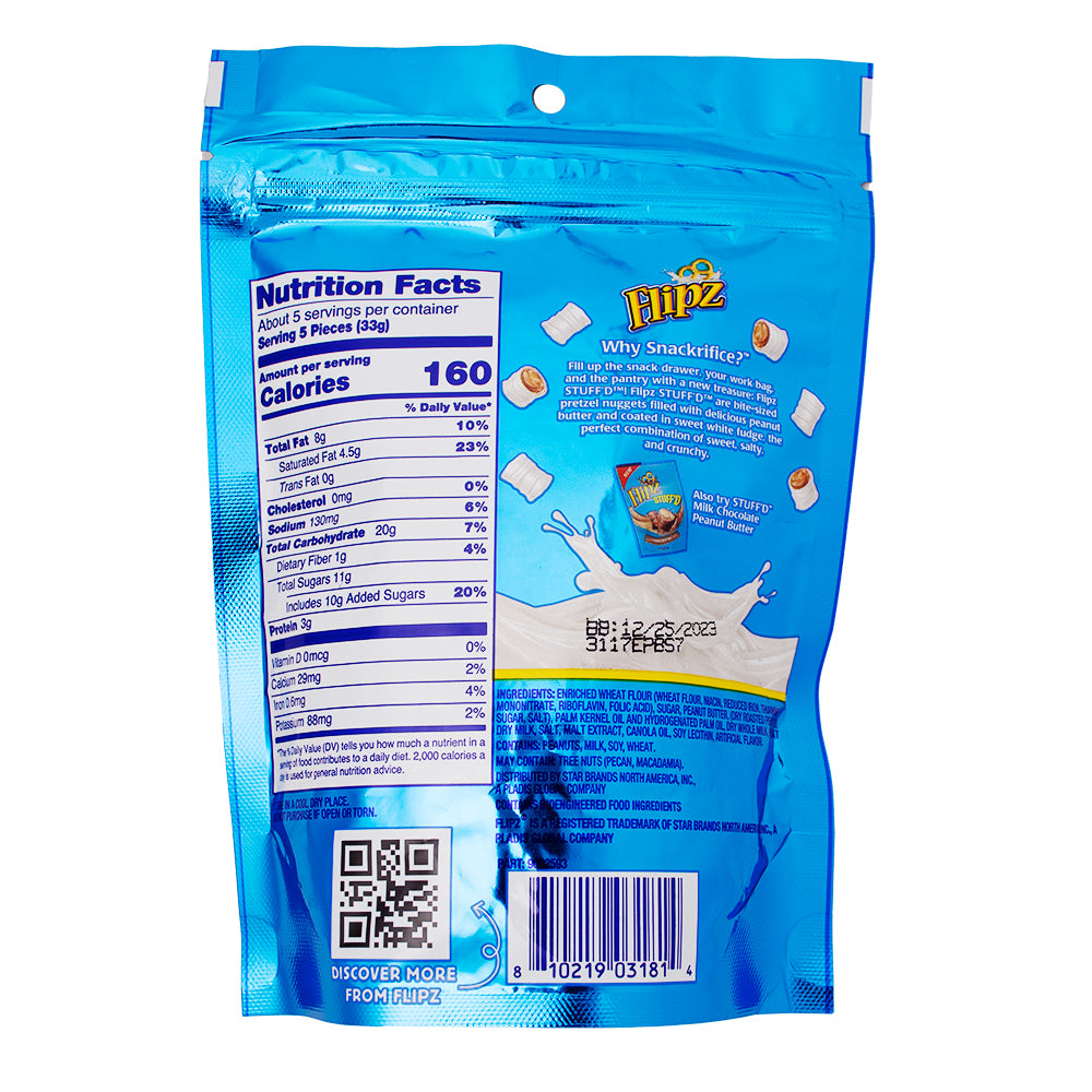 Flipz Stuff'd Pretzel White Fudge Peanut Butter 170g - 5 Pack Nutrition Facts Ingredients