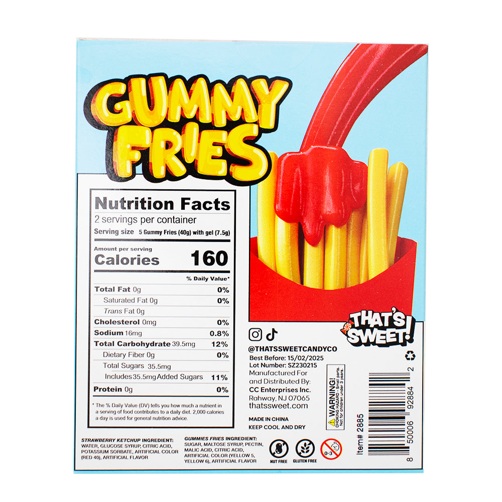 Gummy Fries with Ketchup Candy 3.35oz - 12 Pack Nutrition Facts Ingredients