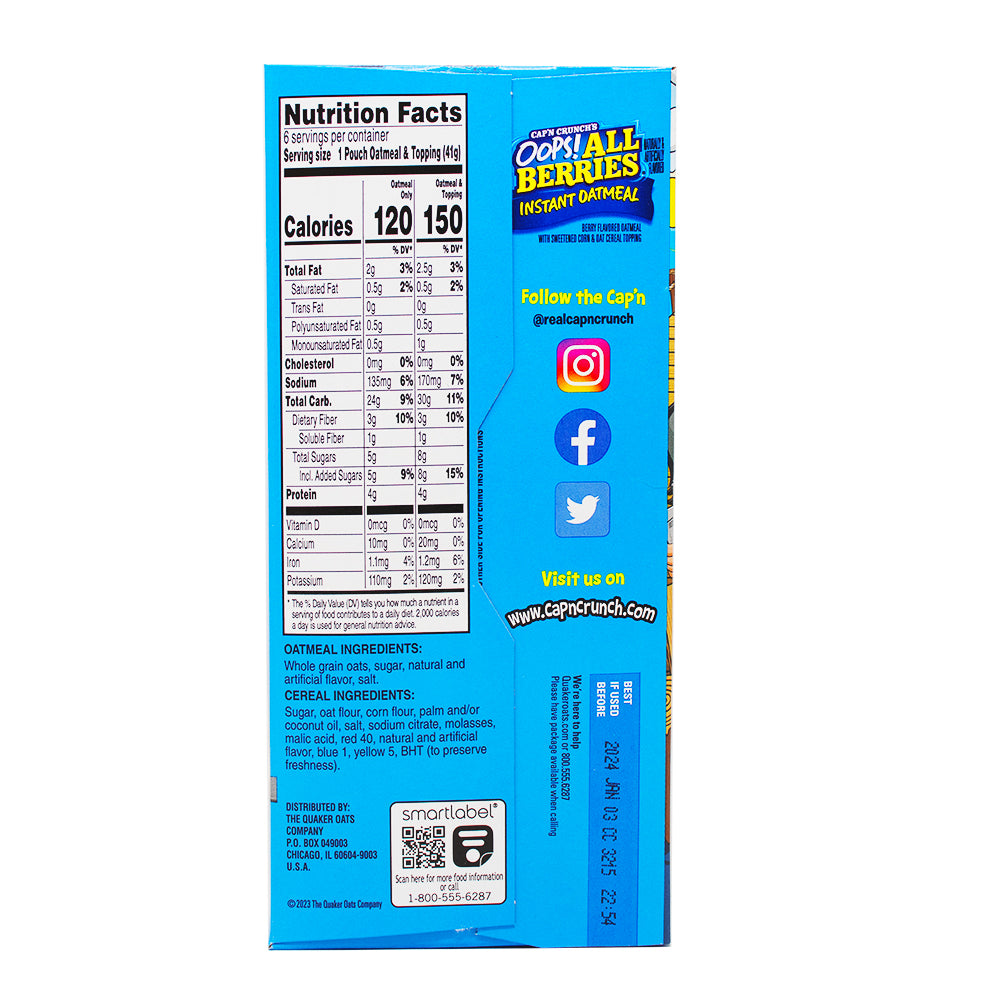 Captain Crunch Instant Oatmeal Oops All Berries 6 Pouches 34g - 6 Pack Nutrition Facts Ingredients