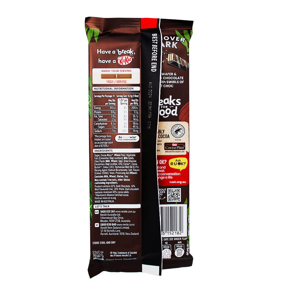 Kit Kat Dark with Tasmanian Mint (Aus) 160g - 12 PackNutrition Facts Ingredients - Kit Kat - Dark Chocolate - Candy Store - Kit Kat Chocolate - Australian Chocolate - Australian Kit Kat - Kit Kat Tasmanian Mint