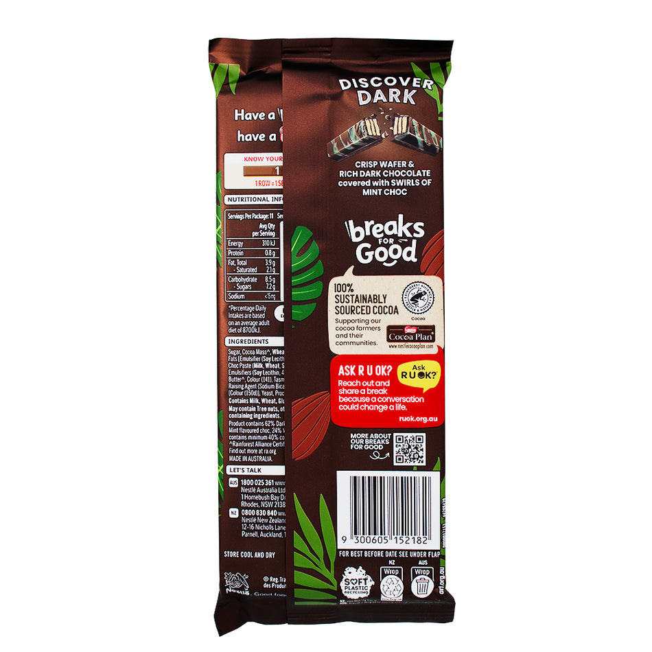 Kit Kat Dark with Tasmanian Mint (Aus) 160g - 12 Pack Nutrition Facts Ingredients - Kit Kat - Dark Chocolate - Candy Store - Kit Kat Chocolate - Australian Chocolate - Australian Kit Kat - Kit Kat Tasmanian Mint