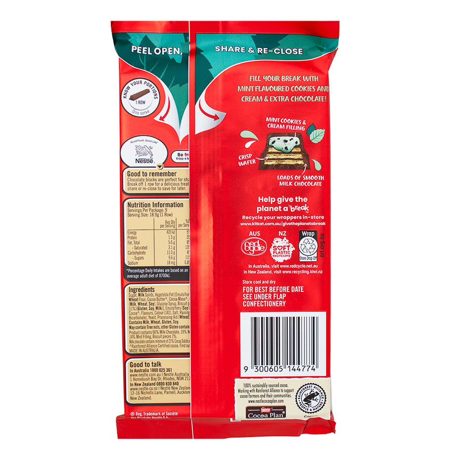 Kit Kat Mint Cookies and Cream (Aus) 170g - 13 Pack  Nutrition Facts Ingredients  - Kit Kat - Candy Store - Kit Kat Chocolate - Australian Chocolate - Australian Kit Kat - Kit Kat Mint Cookies and Cream
