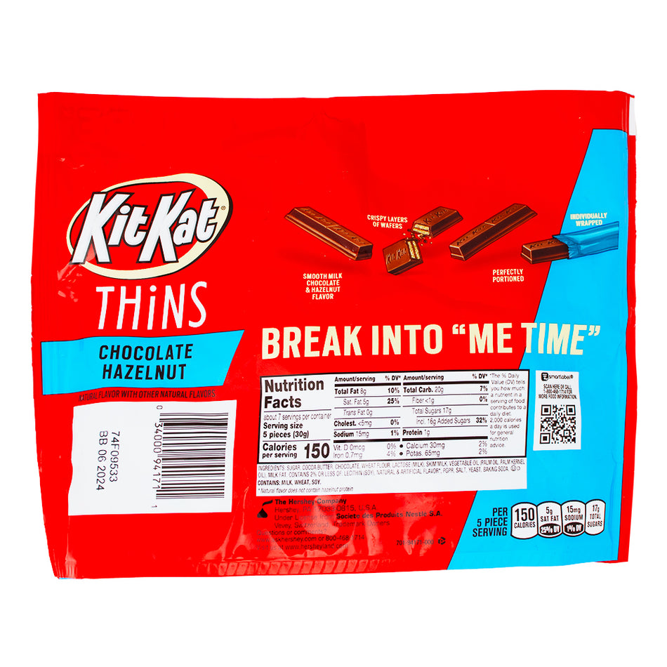 Kit Kat Thins Hazelnut Share Bag 7.2oz - 8 Pack  Nutrition Facts Ingredients