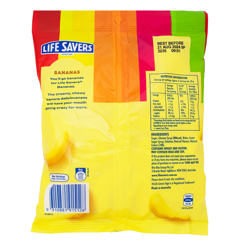 Lifesavers Bananas (Aus) 160g - 12 Pack Nutrition Facts Ingredients - Lifesavers Candy - Gummies - Candy Store - Wholesale Candy - Banana Candy