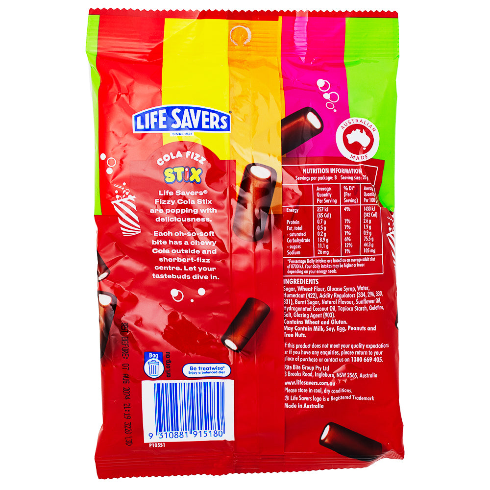 Lifesavers Stix Cola Fizz (Aus) 200g - 12 Pack Nutrition Facts Ingredients