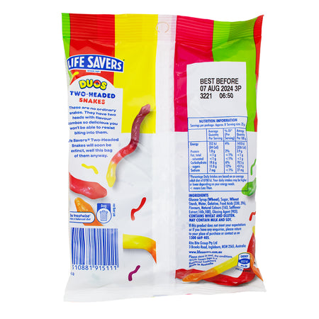 Lifesavers Duos Two-Headed Snakes (Aus) 192g - 12 Pack Nutrition Facts Ingredients - Lifesavers Candy - Gummy Candy - Candy Store - Gummies - Gummy - Lifesavers