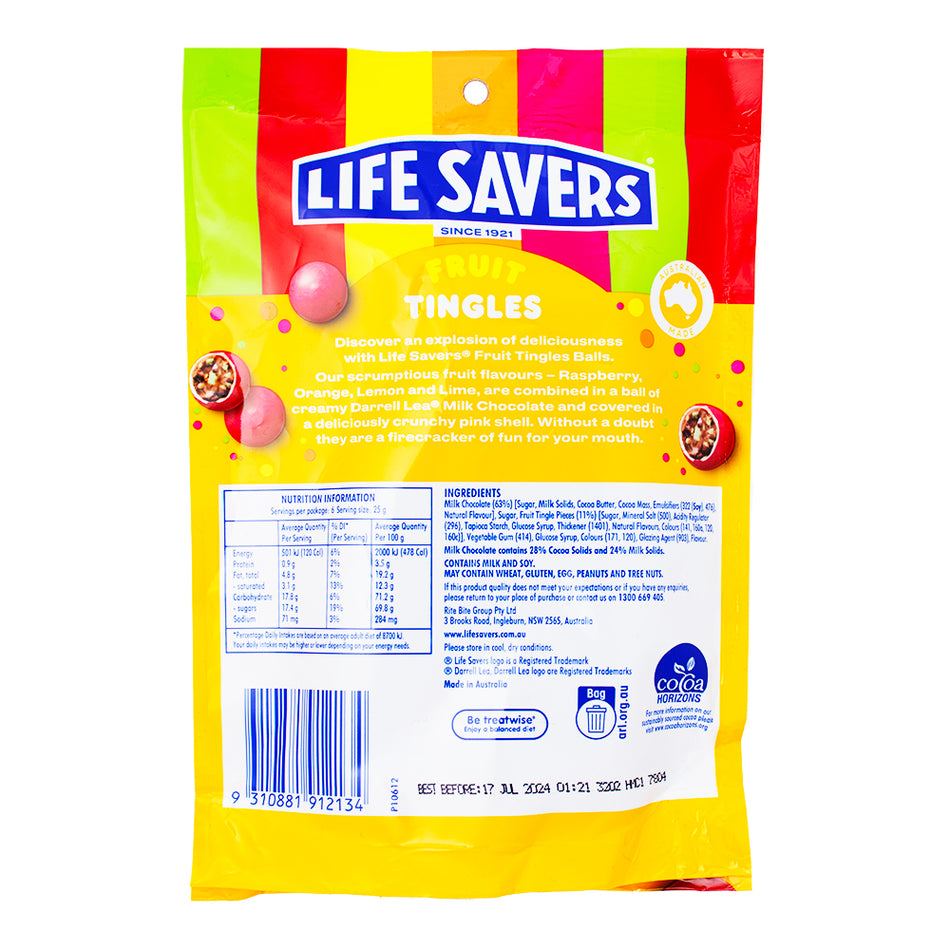Lifesavers Fruit Tingles Chocolate (Aus) 150g - 12 Pack Nutrition Facts Ingredients - Australian Candy - Lifesaver Candy - Candy Store - Fruit Tingles - Lifesavers Fruit Tingles