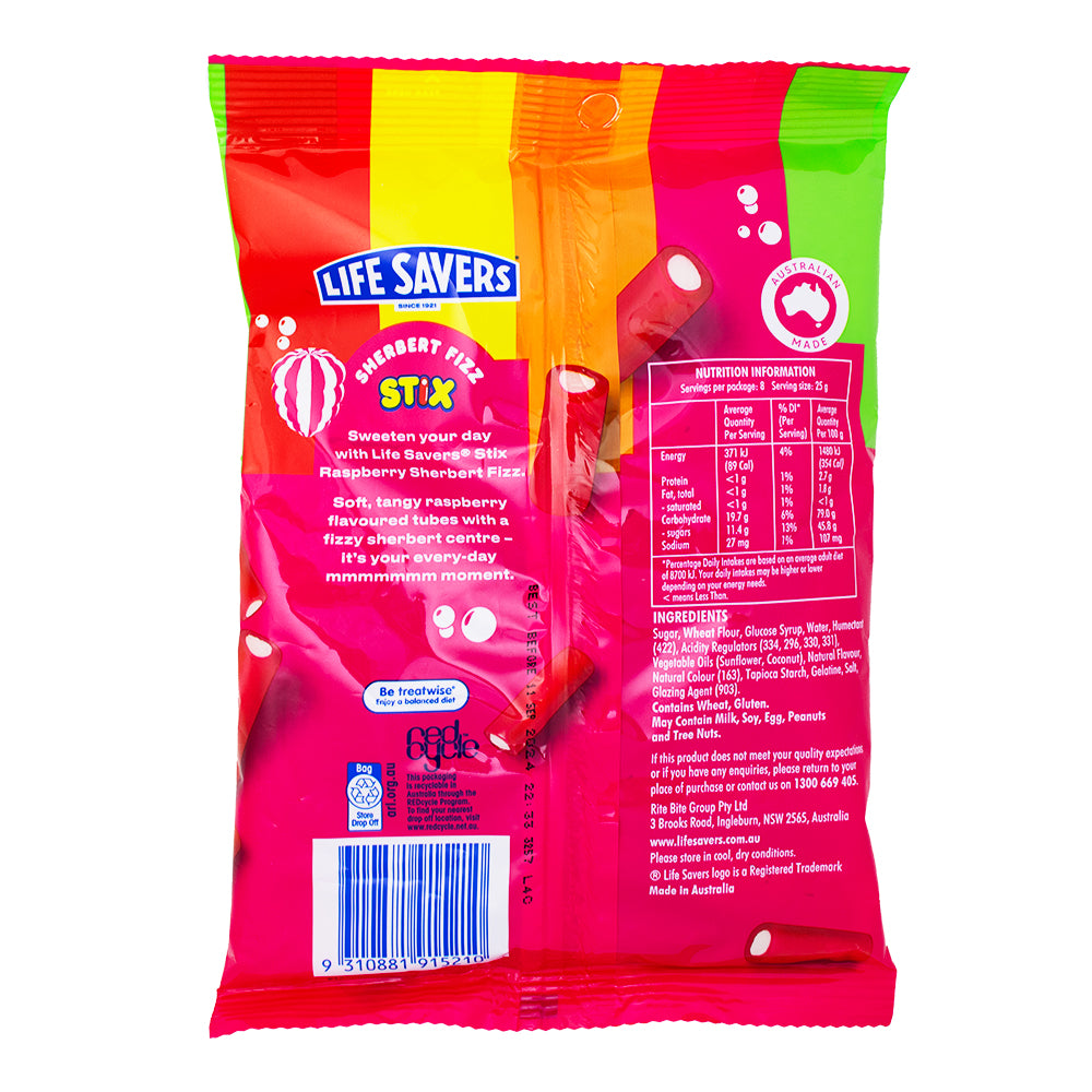 Lifesavers Stix Raspberry Sherbet Fizz (Aus) 200g - 12 Pack Nutrition Facts Ingredients