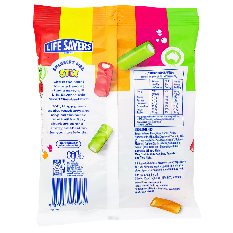 Lifesavers Stix Mixed Sherbert Fizz (Aus) 200g - 12 Pack Nutrition Facts Ingredients