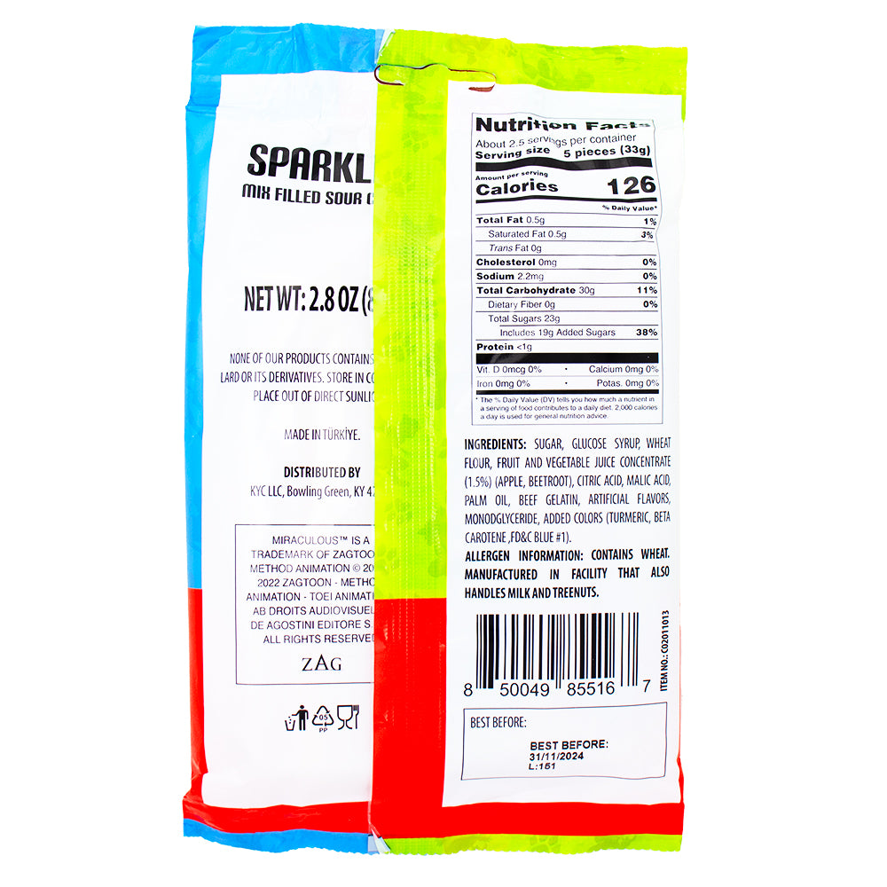 Miraculous Sparkles Mixed Filled Sour Candy 80g - 12 Pack Nutrition Facts Ingredients - Sour Candy - Nickelodeon - Sparkles Candy