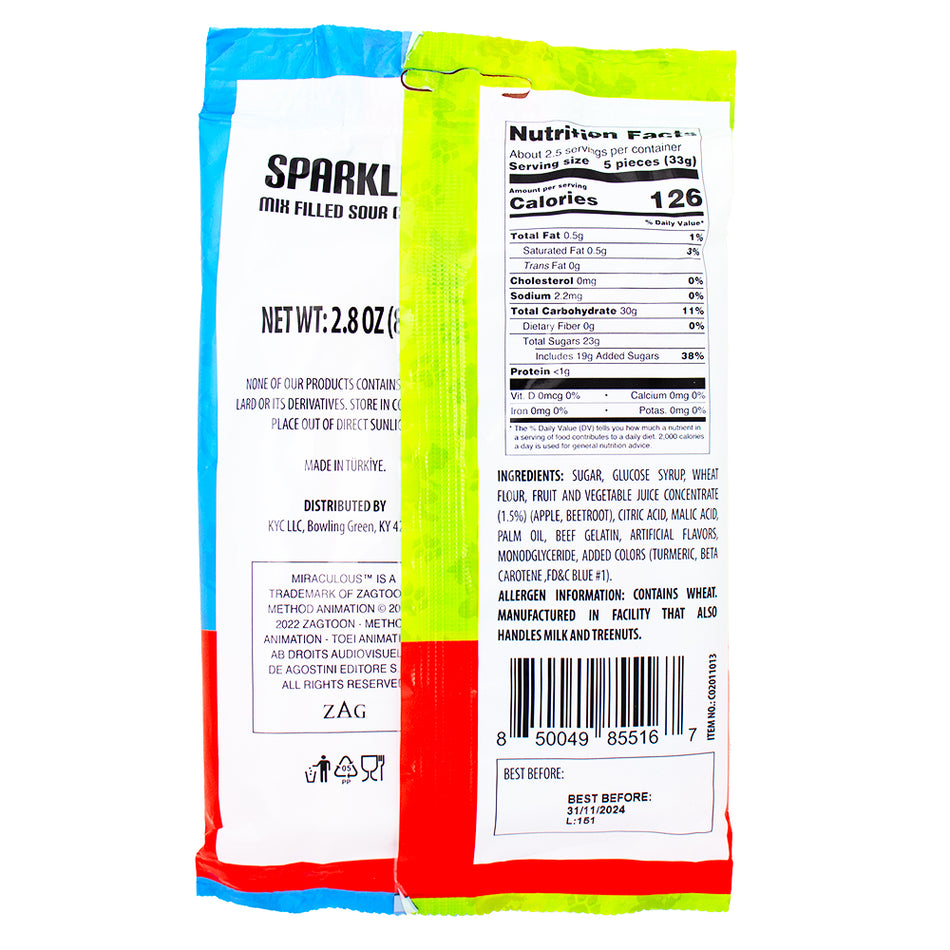 Miraculous Sparkles Mixed Filled Sour Candy 80g - 12 Pack Nutrition Facts Ingredients - Sour Candy - Nickelodeon - Sparkles Candy