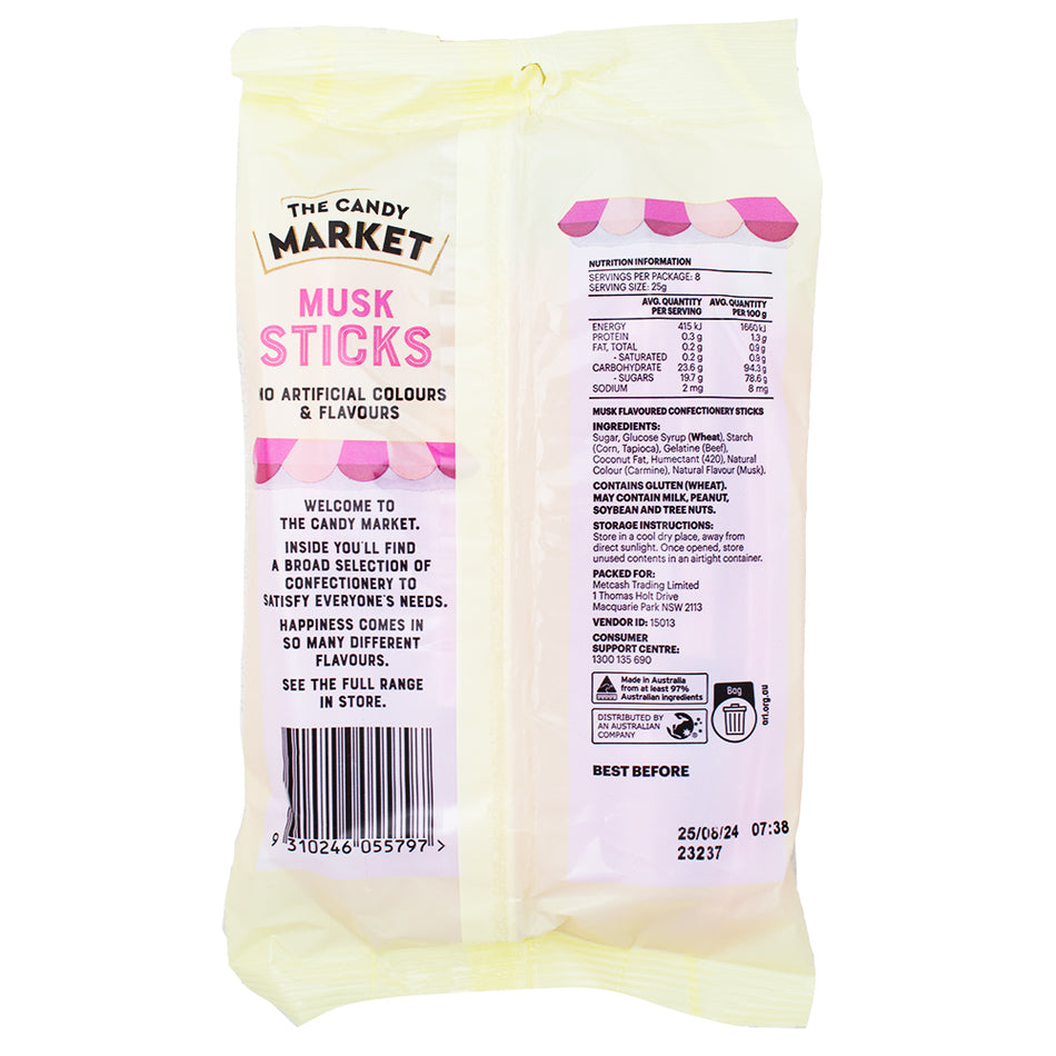 Australia Candy Market Musk Sticks - 200g (Aus) - 12 Pack Nutrition Facts Ingredients - Australian Candy - Musk Sticks - Candy Store