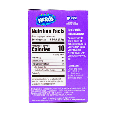 Singles to Go Nerds Grape - 12 Pack Nutrition Facts Ingredients - Nerds Candy - Candy Store - Grape Candy - Grape Drink - Nerds