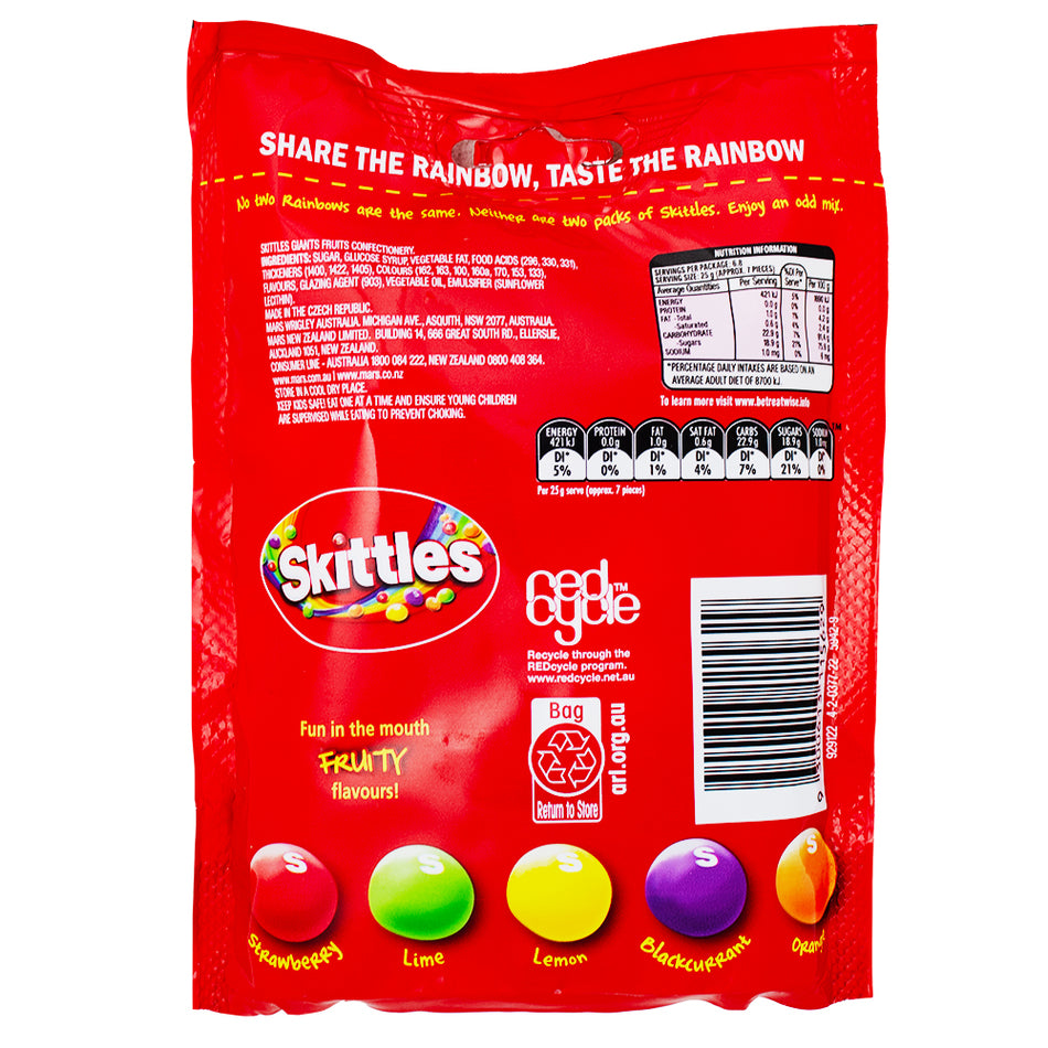 Skittles Giants (Aus) 170g - 15 Pack Nutrition Facts Ingredients