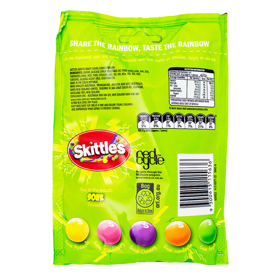 Skittles Giants Sours (Aus) 160g -15 Pack Nutrition Facts Ingredients