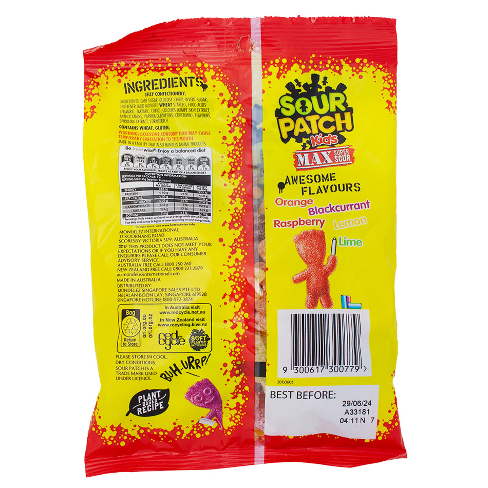 Sour Patch Kids Max Sour (Aus) 190g - 20 Pack Nutrition Facts Ingredients - Sour Candy - Sour Patch Kids - Candy Store - Australian Candy