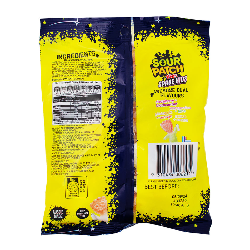 Sour Patch Kids Space (Aus) 190g - 20 Pack  Nutrition Facts Ingredients - Australian Candy - Sour Candy - Candy Store - Sour Patch Kids - Sour Patch Kids Space Kids