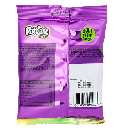 Bazooka Rattlerz Sours (UK) 100g - 12 Pack Nutrition Facts Ingredients  - Sour Candy - British Candy - Candy Store