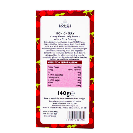 Bonds Gift Box Mon Cherry (UK) 140g - 12 Pack Nutrition Facts Ingredients