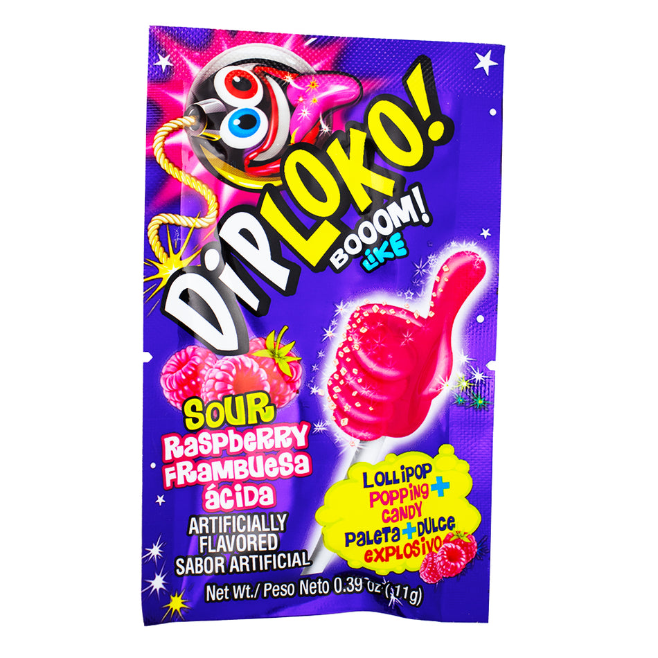 Dip Loko Sour Raspberry Lollipop with Popping Candy .39oz - 24 Pack