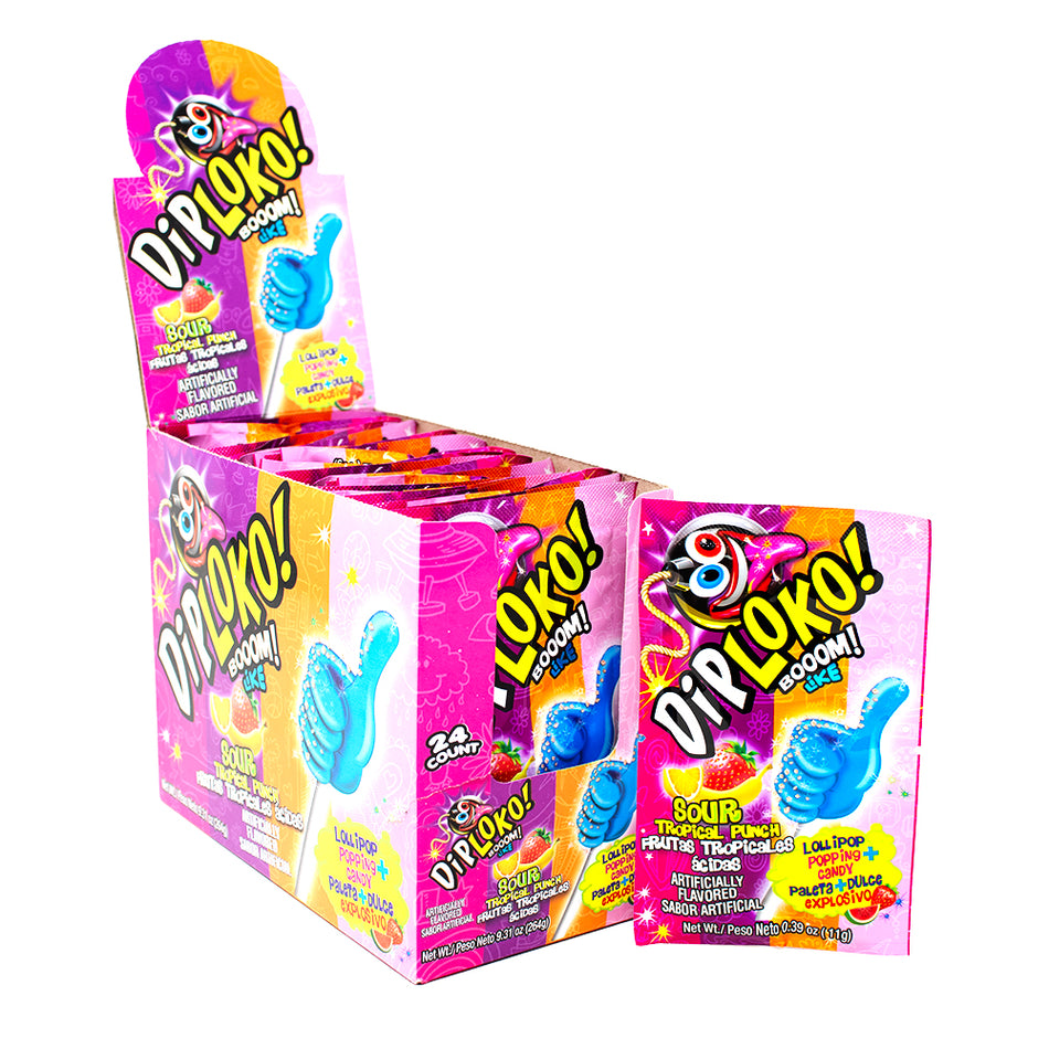 Dip Loko Sour Tropical Punch Lollipop with Popping Candy .39oz - 24 Pack