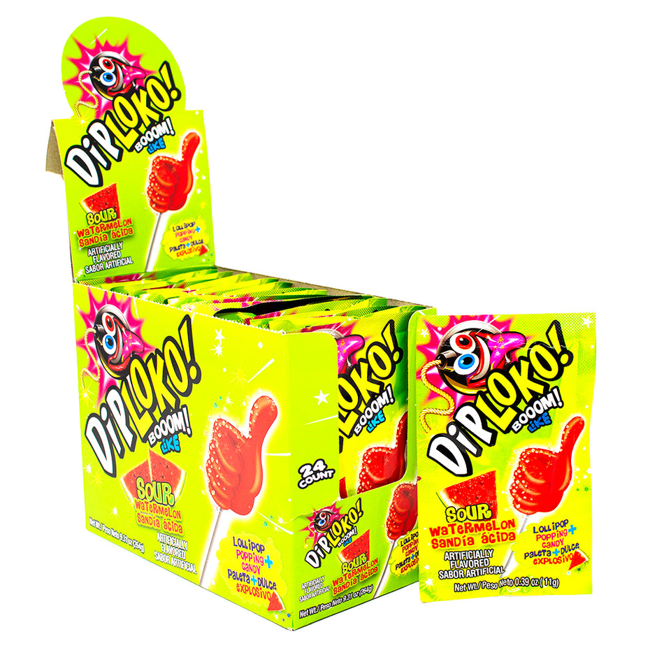 Dip Loko Sour Watermelon Lollipop with Popping Candy .39oz - 24 Pack