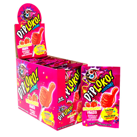 Dip Loko Strawberry Lollipop with Popping Candy .39oz - 24 Pack