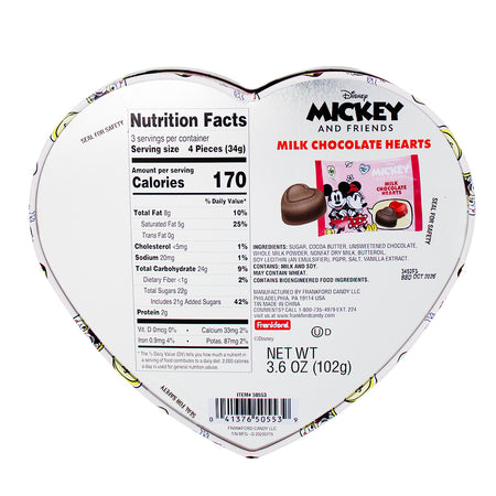 Mickey or Minnie Mouse Milk Chocolate Hearts Valentine Gift Box 50g - 24 Pack Nutrition Facts Ingredients