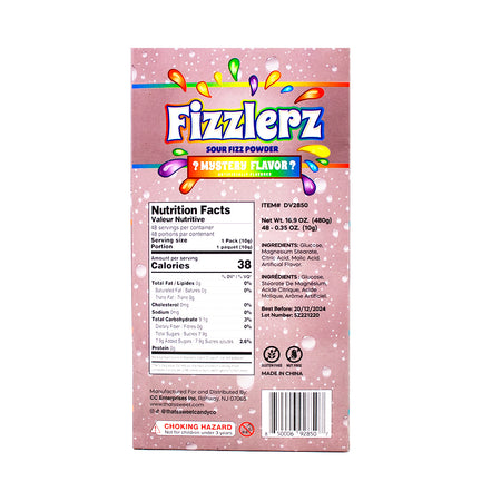 Fizzlers Sour Fizzy Powder Candy Mystery Flavour 0.35oz - 48 Pack  Nutrition Facts Ingredients