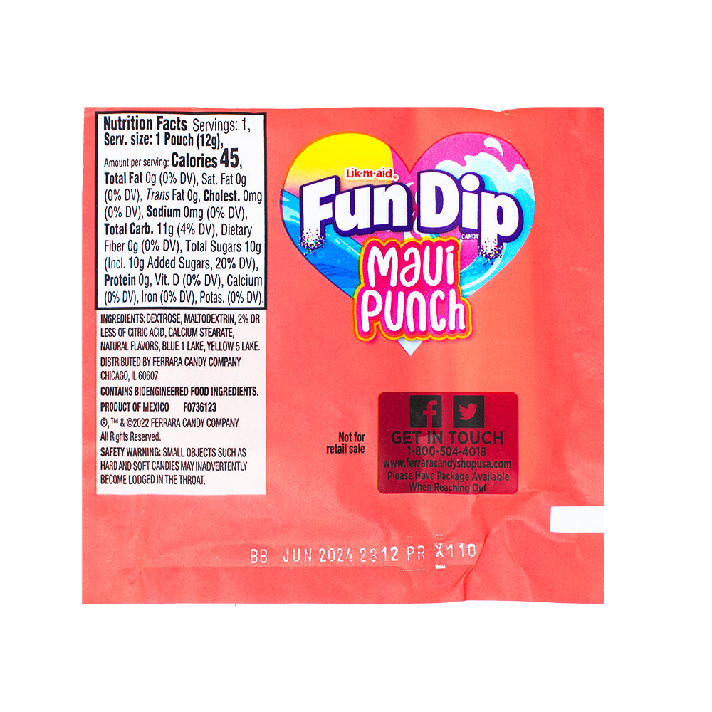 Fun Dip Lik-m-aid Maui Punch - 22 Pack Nutrition Facts Ingredients