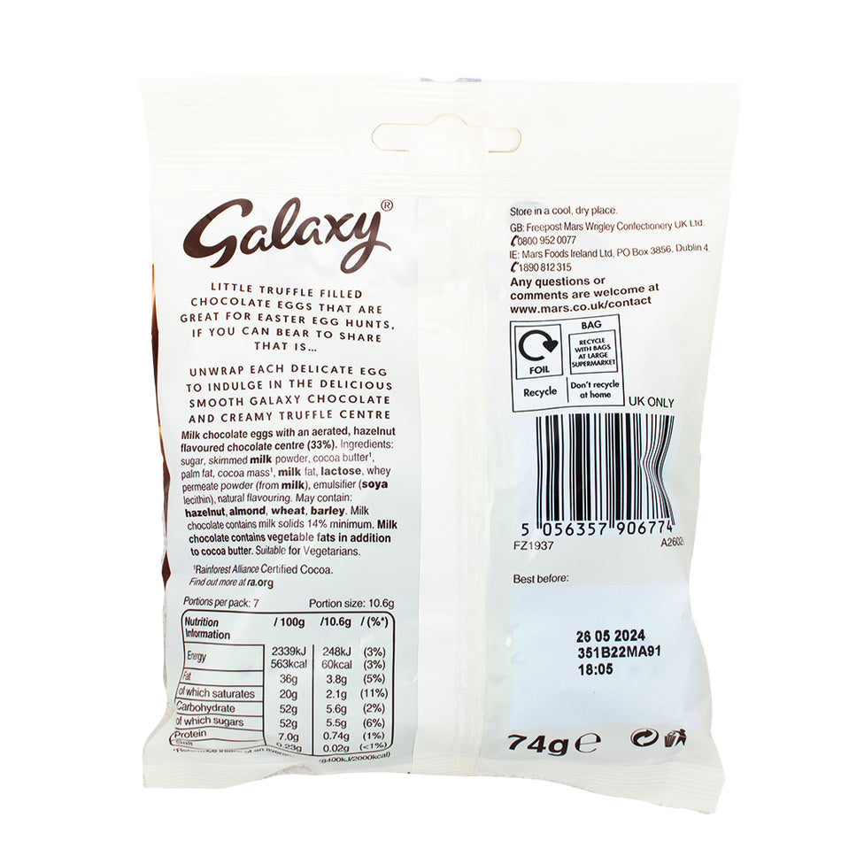 Galaxy Creamy Truffle Hazelnut Mini Eggs (UK) 74g - 22 Pack  Nutrition Facts Ingredients