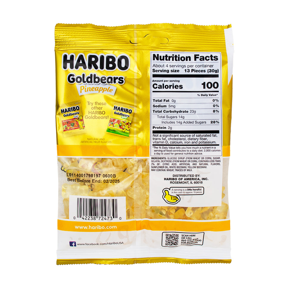 Haribo Gold Bears Pineapple 4oz - 12 Pack Nutrition Facts Ingredients