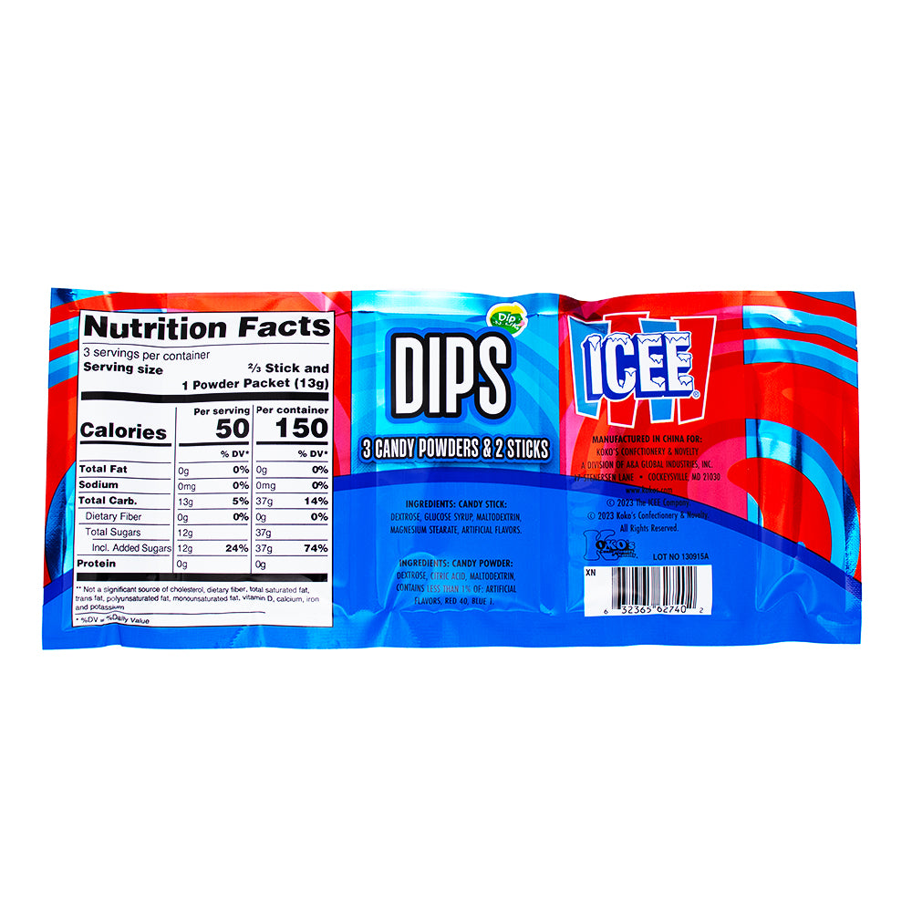 Icee 3 Piece Dips Candy Powder Sticks 1.41oz - 18 Pack  Nutrition Facts Ingredients