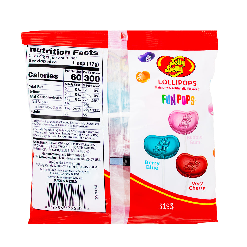 Jelly Belly Pops 3oz - 12 Pack  Nutrition Facts Ingredients