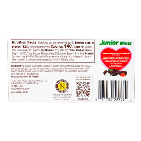 Junior Mints Theatre Pack Valentine's Pack 3.5oz - 12 Pack Nutrition Facts Ingredients - Junior Mints - Valentine's Day - Wholesale Candy - Old Fashioned Candy